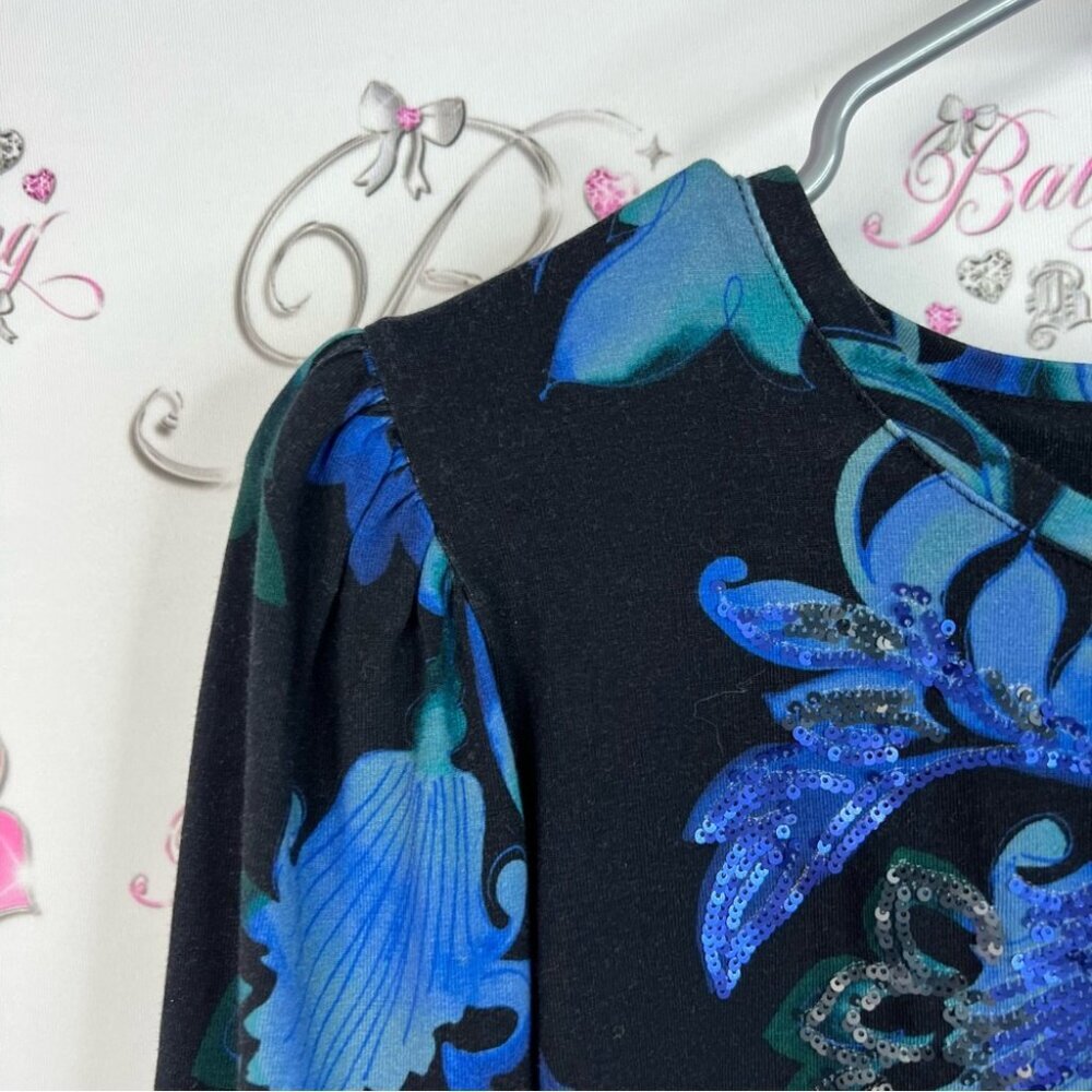 Chico's blouse long sleeve sequins sparkly shimmer Black and Blue Floral Blouse - Picture 6 of 9